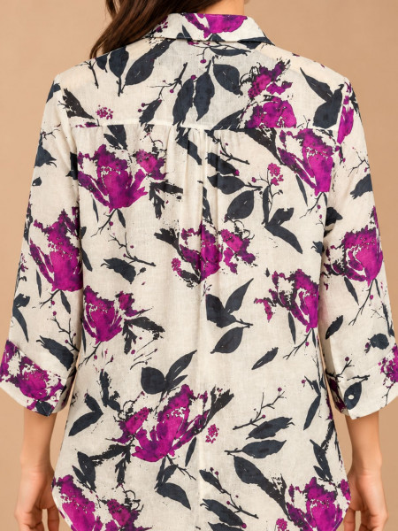 Ivory & Magenta Floral Printed Mid-Length Shirt