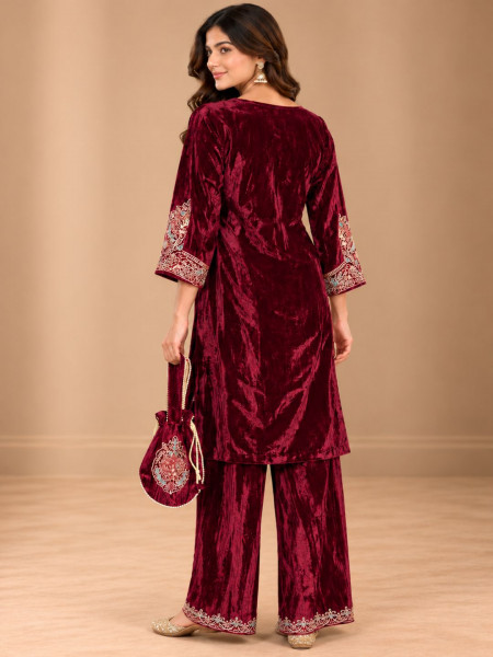 Ruby Maroon Crushed Velvet-Style Embroidered Kurta Palazzo Set