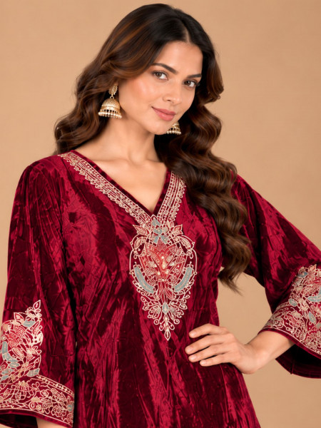 Ruby Maroon Crushed Velvet-Style Embroidered Kurta Palazzo Set