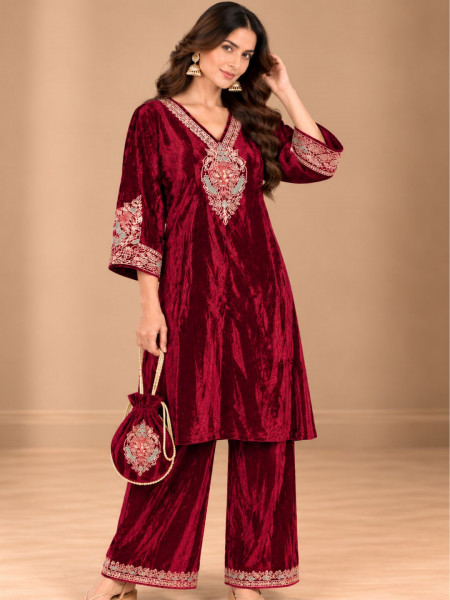 Ruby Maroon Crushed Velvet-Style Embroidered Kurta Palazzo Set