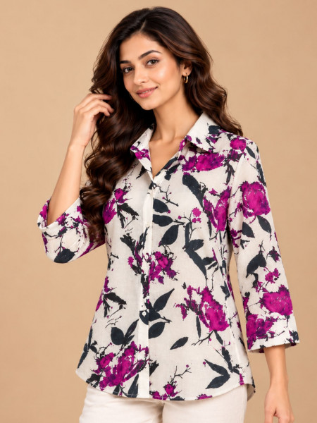 Ivory & Magenta Floral Printed Mid-Length Shirt