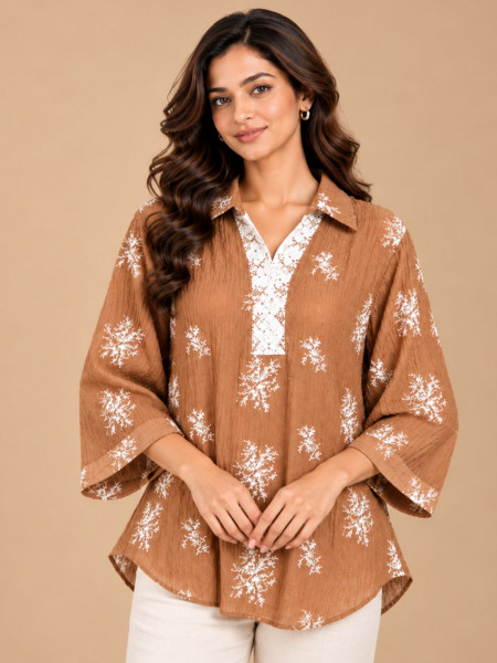 Caramel Brown & White Botanical Printed Mid-Length Shirt with Lace Detailing