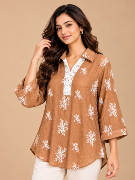 Image of Caramel Brown &amp; White Botanical Printed Mid-Length Shirt with Lace Detailing