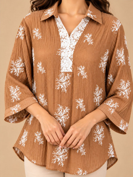 Caramel Brown & White Botanical Printed Mid-Length Shirt with Lace Detailing