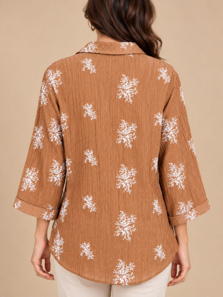 Caramel Brown & White Botanical Printed Mid-Length Shirt with Lace Detailing