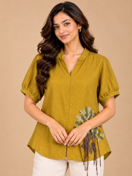Mustard Yellow Tree Motif Embellished Shirt with Tassel Detailing