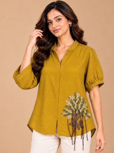 Image of Mustard Yellow Tree Motif Embellished Shirt with Tassel Detailing