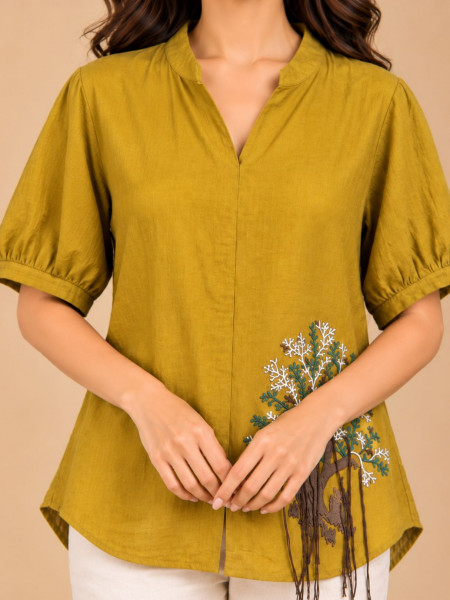 Mustard Yellow Tree Motif Embellished Shirt with Tassel Detailing