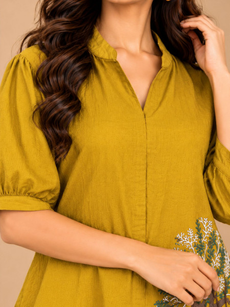 Mustard Yellow Tree Motif Embellished Shirt with Tassel Detailing