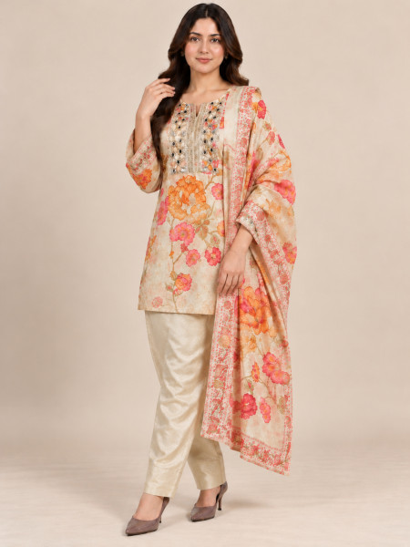 Image of Ivory Blossom Floral Printed Embroidered Farshi Salwar Suit