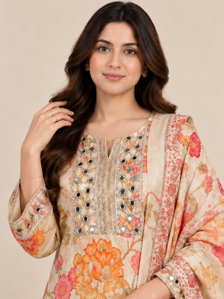 Ivory Blossom Floral Printed Embroidered Farshi Salwar Suit