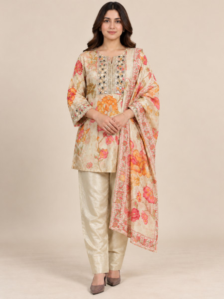 Ivory Blossom Floral Printed Embroidered Farshi Salwar Suit