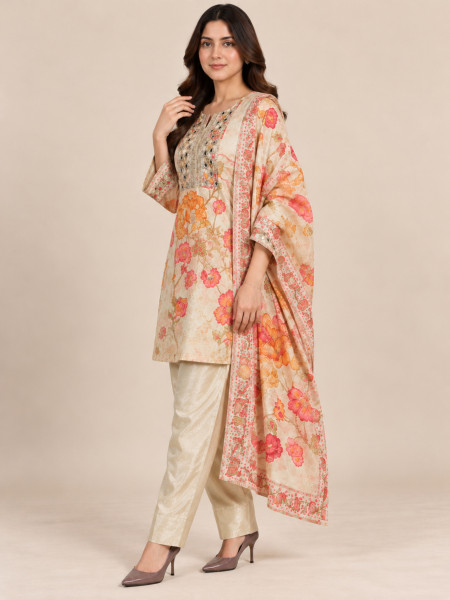 Ivory Blossom Floral Printed Embroidered Farshi Salwar Suit