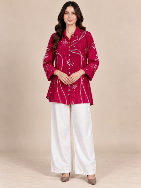 Women's Magenta Bandhani Print Mid-Length Shirt