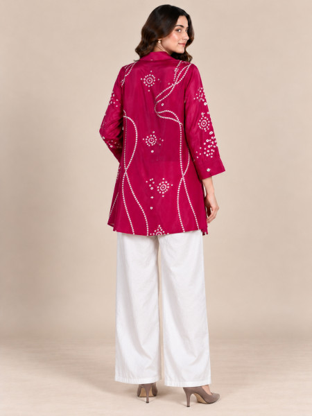 Women's Magenta Bandhani Print Mid-Length Shirt
