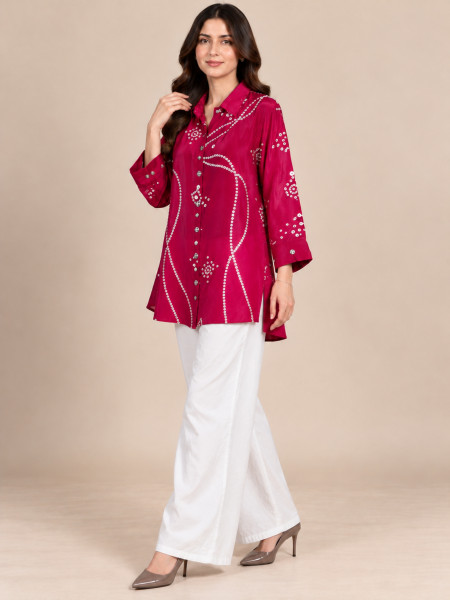 Women's Magenta Bandhani Print Mid-Length Shirt