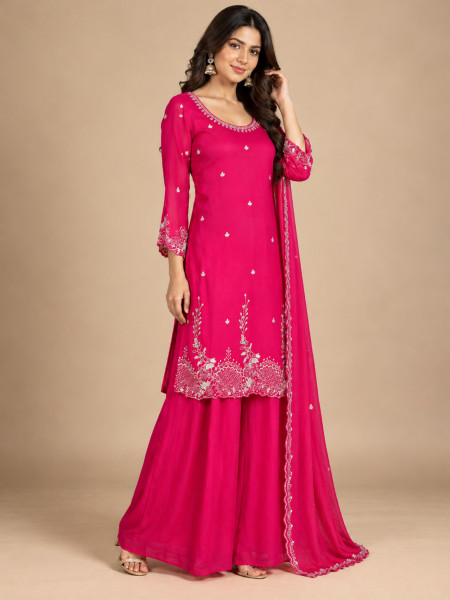 Rani Pink Embroidered Sharara Kurta Set with Dupatta