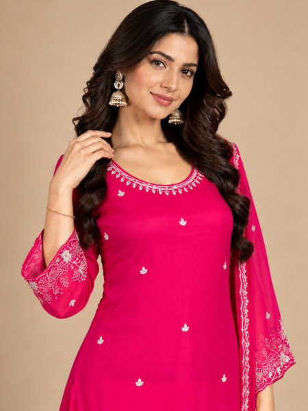 Rani Pink Embroidered Sharara Kurta Set with Dupatta