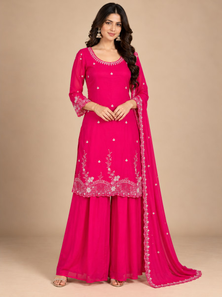 Image of Rani Pink Embroidered Sharara Kurta Set with Dupatta