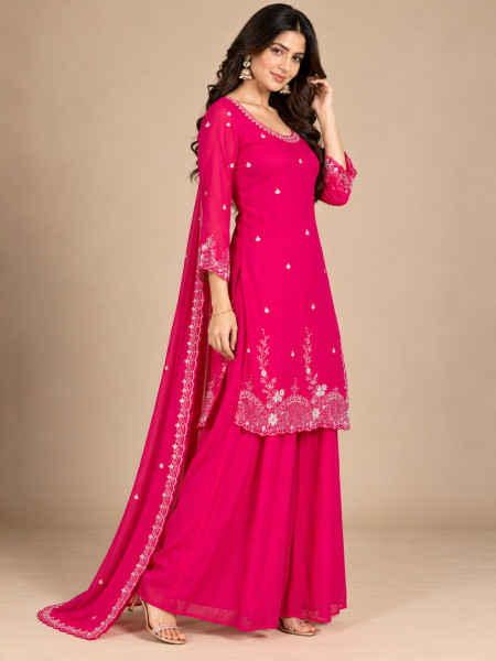 Rani Pink Embroidered Sharara Kurta Set with Dupatta