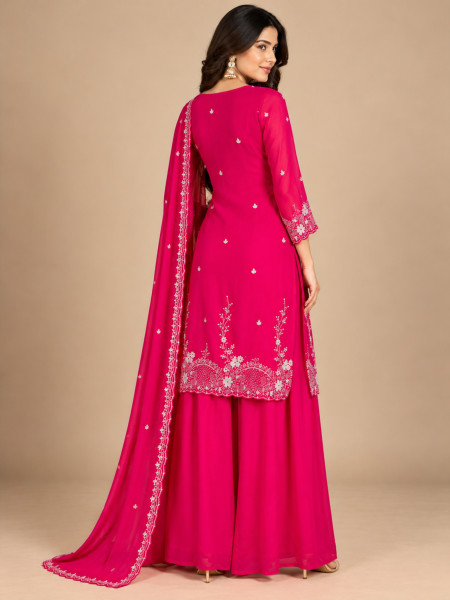 Rani Pink Embroidered Sharara Kurta Set with Dupatta