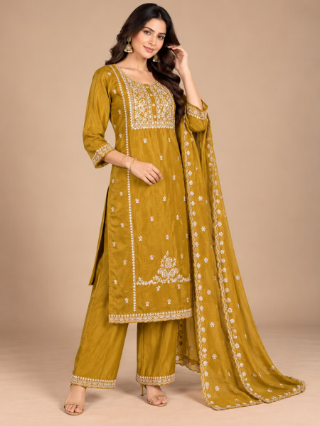Image of Mustard Yellow Embroidered Kurta Palazzo Set with Dupatta