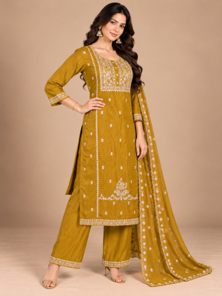 Mustard Yellow Embroidered Kurta Palazzo Set with Dupatta