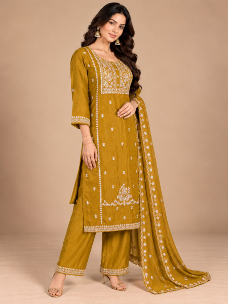 Mustard Yellow Embroidered Kurta Palazzo Set with Dupatta