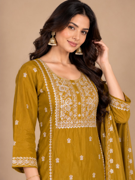 Mustard Yellow Embroidered Kurta Palazzo Set with Dupatta
