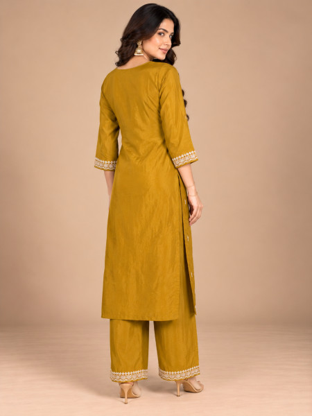 Mustard Yellow Embroidered Kurta Palazzo Set with Dupatta