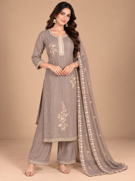 Image of Taupe Grey Floral Embroidered Kurta Palazzo Set with Dupatta