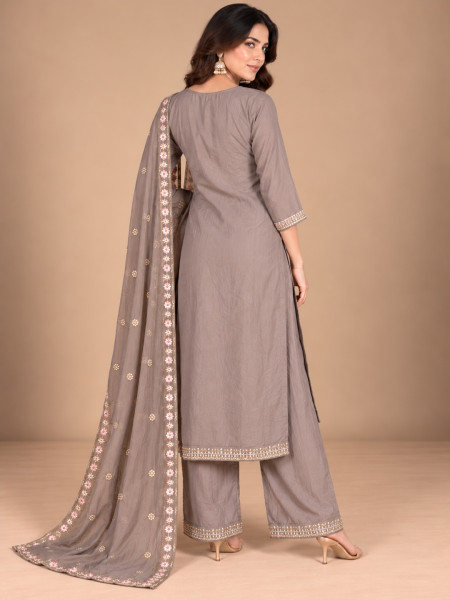 Taupe Grey Floral Embroidered Kurta Palazzo Set with Dupatta