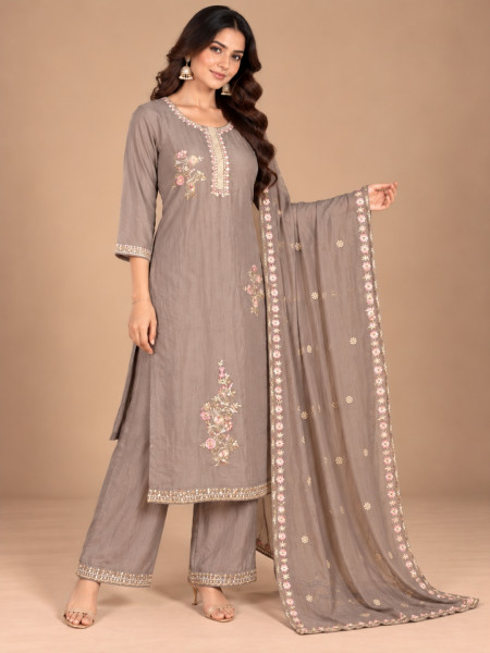 Taupe Grey Floral Embroidered Kurta Palazzo Set with Dupatta