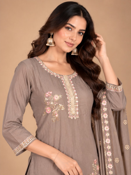 Taupe Grey Floral Embroidered Kurta Palazzo Set with Dupatta