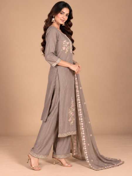 Taupe Grey Floral Embroidered Kurta Palazzo Set with Dupatta