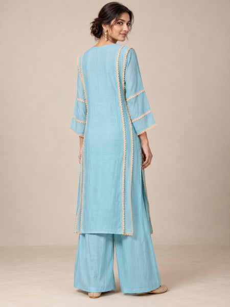 Aqua Blue Lace-Embellished Kurta Palazzo Set with Dupatta