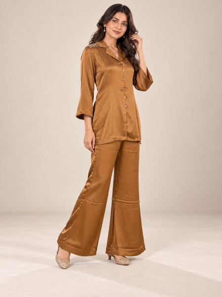 Caramel Brown Satin-Style Co-Ord Set