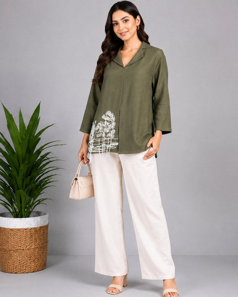 Image of Olive Green Embroidered Tunic Top