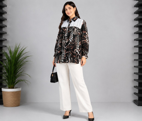 Image of Black and Brown Animal Printed Full Sleaves-Shirt