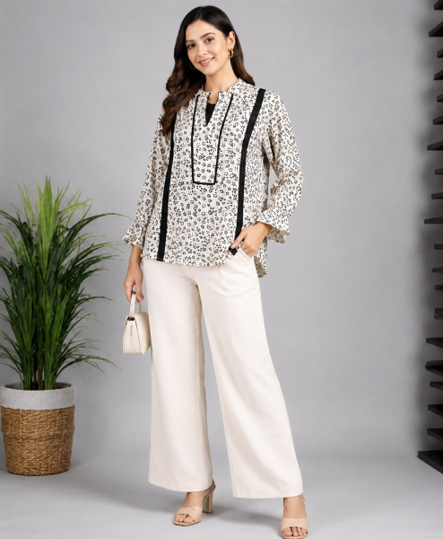 Image of Cream Floral Printed Cotton Mul Blend Shirt Top