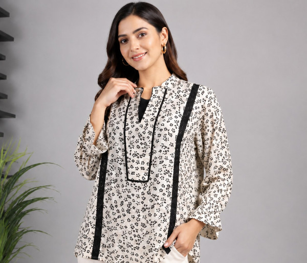 Cream Floral Printed Cotton Mul Blend Shirt Top