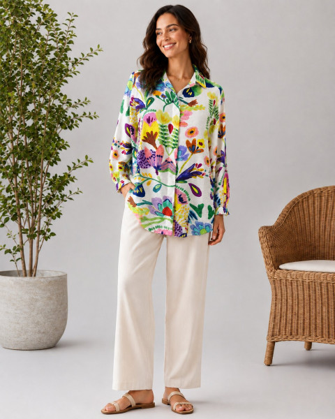 Image of Multicolour Floral Printed Relaxed Shirt Top