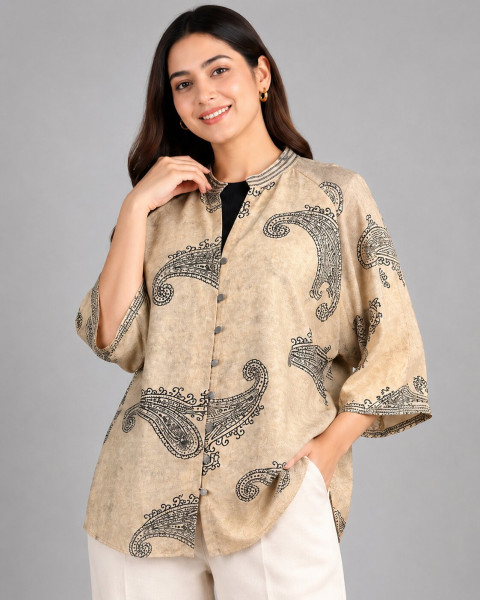 Beige Paisley Print Cotton Rayon Top – Elegant Resort & Casual Wear