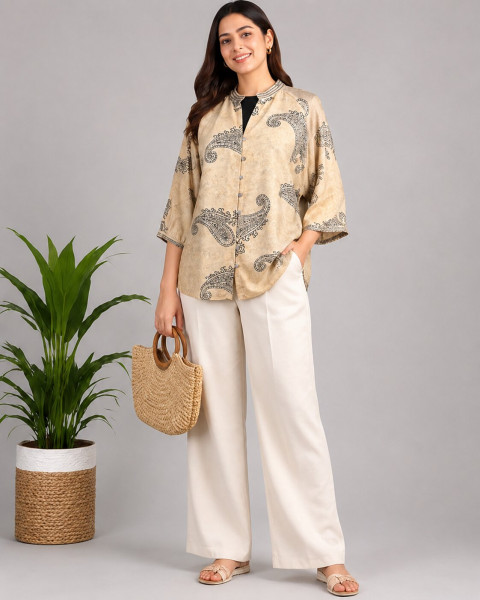 Image of Beige Paisley Print Cotton Rayon Top – Elegant Resort &amp; Casual Wear