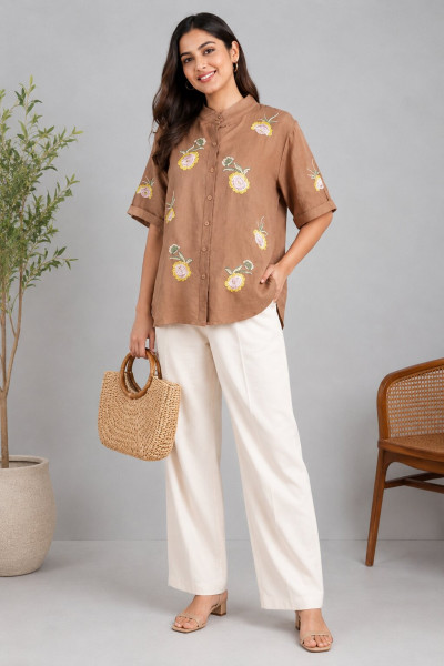 Image of Mocha Brown Floral Embroidered Button-Down Tunic Top