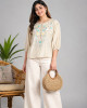 Beige Floral Embroidered Balloon Sleeve Top