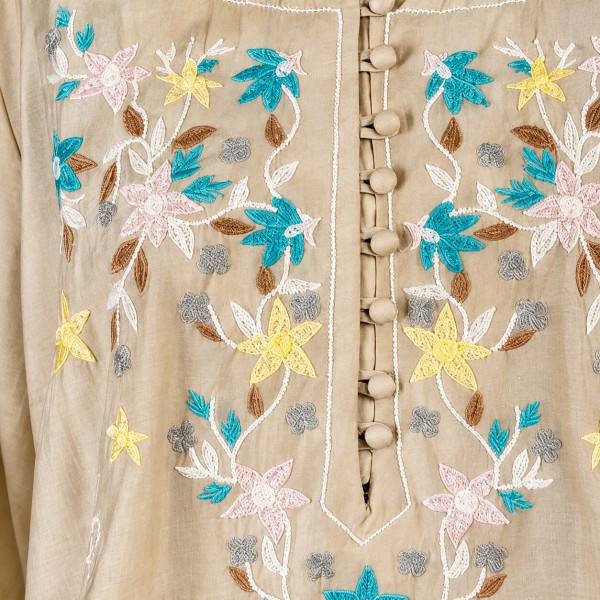 Beige Floral Embroidered Balloon Sleeve Top