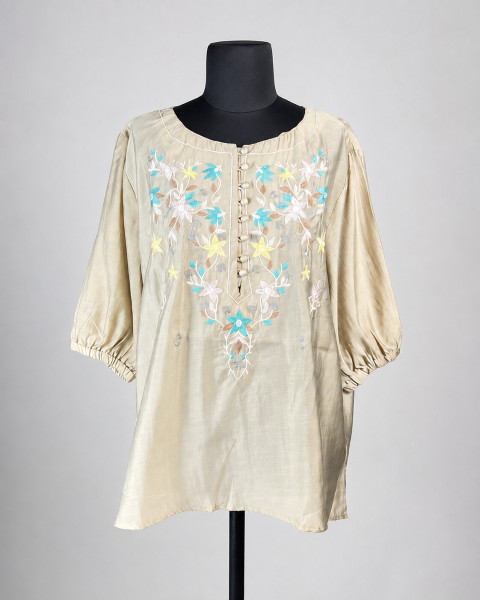 Beige Floral Embroidered Balloon Sleeve Top