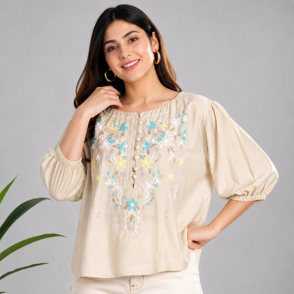 Beige Floral Embroidered Balloon Sleeve Top