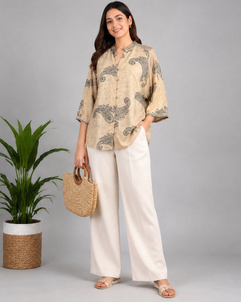 Image of Beige Paisley Print Cotton Rayon Top – Elegant Resort &amp; Casual Wear